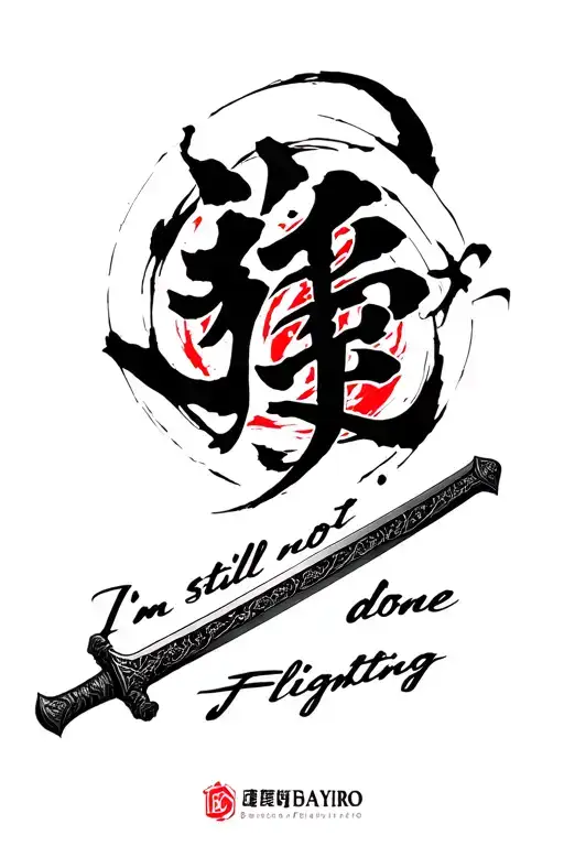 Tanjiro black sword from the show Demon Slayer, engraved Japanese letters "I'm still not done fighting" tattoo design idea