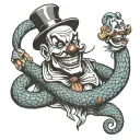 an evil snake around the neck of a smiling clown tattoo design idea