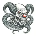 an evil snake around the neck of a smiling clown tattoo design idea
