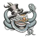 an evil snake around the neck of a smiling clown tattoo design idea