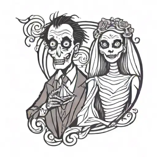 the corpse bride and beetle juice the Tim burton movie with light and neon colors of blue green pink orange and purple.  tattoo design idea