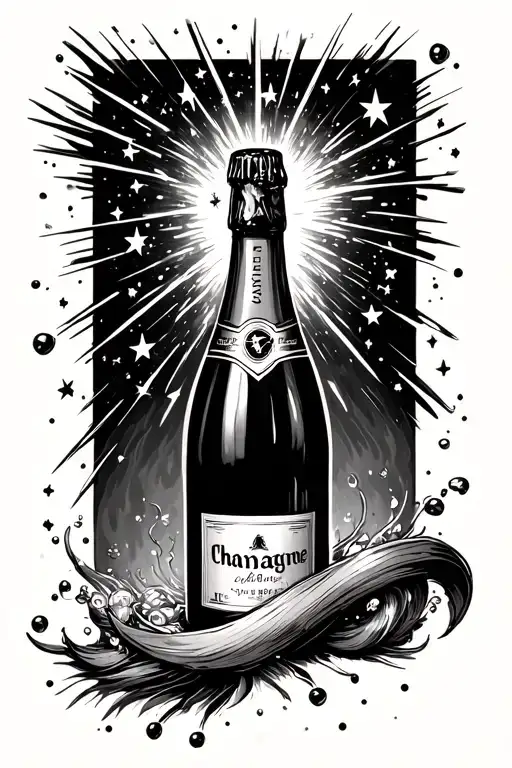 champagne bottle with supernova and pretty stars exploding from top of bottle tattoo design idea