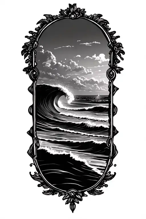 postage stamp frame with waves in a beach scene inside tattoo design idea