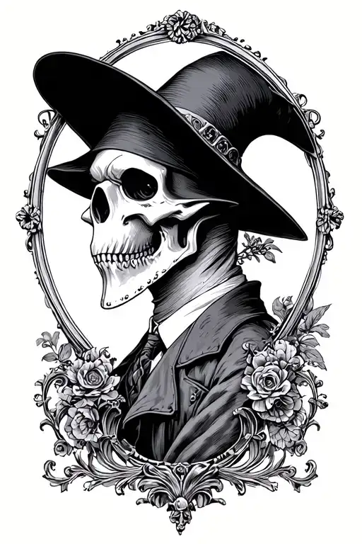 classic plague doctor profile in ornate victorian style oval frame. frame should have steampunk elements. tattoo design idea