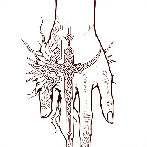 cyber sigilism tattoo on hand with cross tattoo design idea