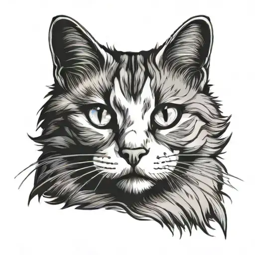 black and white furry cat from the front, only the head. dark style tattoo design idea