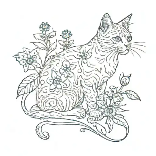 Cat only outline looks up at the forget-me-not flower as if she misses someone tattoo design idea