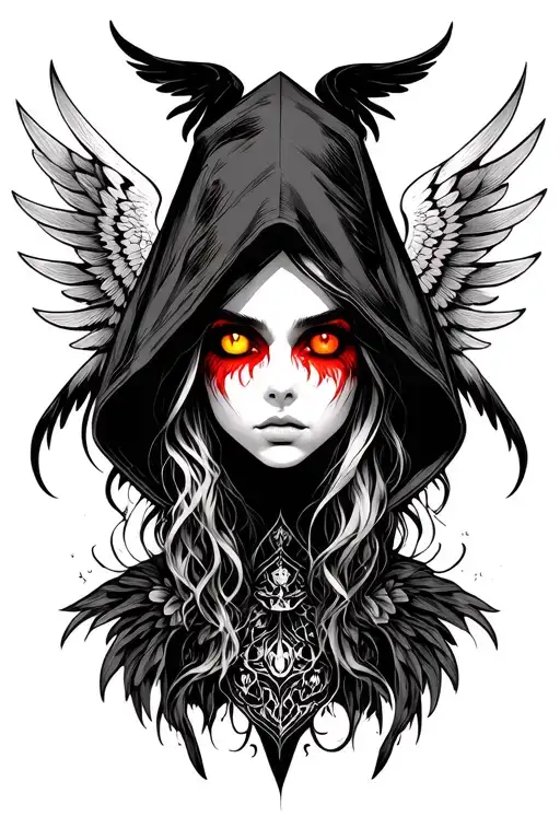 Women in dark hood and right eye red and left eye yellow no face visible two wings on left and two wings on right metal tattoo design idea