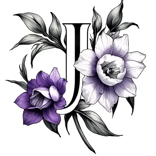 feminine violet and narcissus forming a cross with a capital cursive j incorporated  tattoo design idea