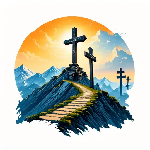 3 Crosses On mountain with a path leading towards tattoo design idea