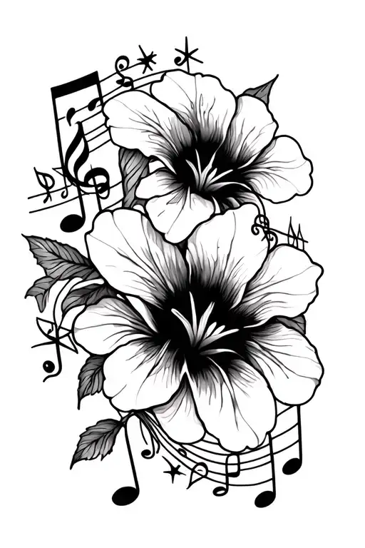 music notes stars and hibiscus flowers tattoo design idea