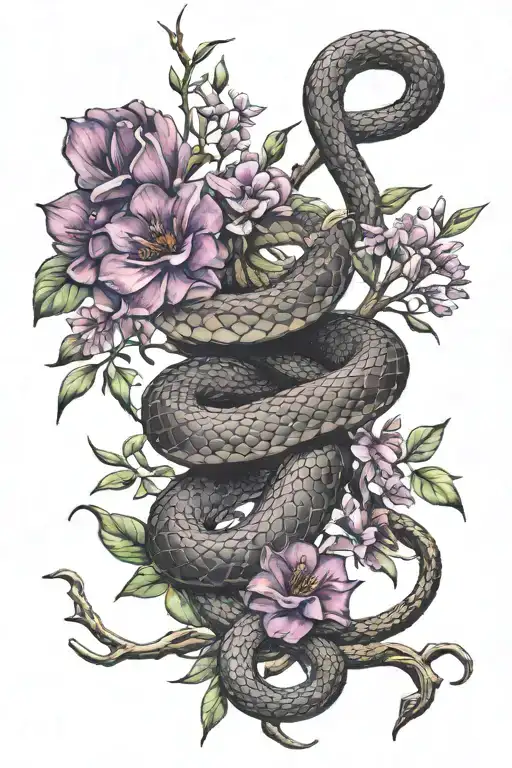 Snake and purple flowers and branches tattoo design idea