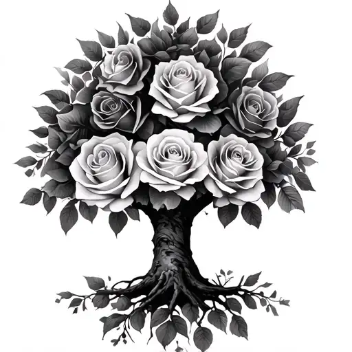 roses and family tree with three names incorporated tattoo design idea