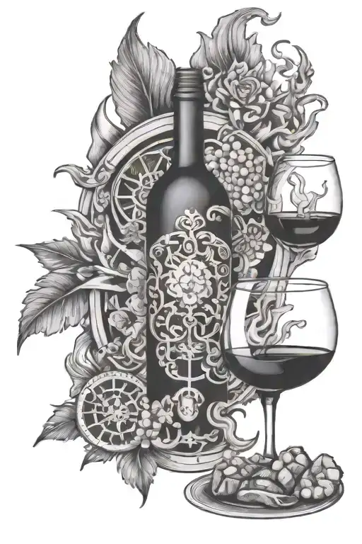 symbols of fire, wine, traveling, sun and meat tattoo design idea