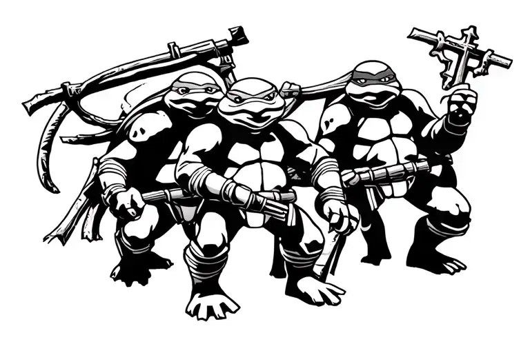 The tattoo depicts 3 ninja turtles and one grave (all tightly together) in blackwork tattoo design idea