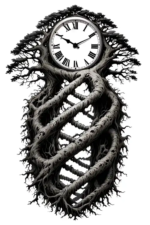 A double helix (DNA) morphing into tree roots and branches. the top of the tree in a clock.  tattoo design idea