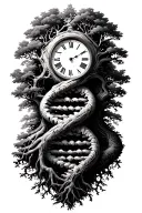 A double helix (DNA) morphing into tree roots and branches. the top of the tree in a clock.  tattoo design idea