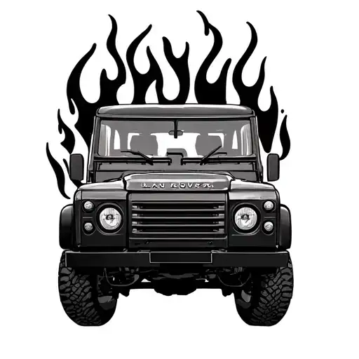 1993 land rover defender headlight and grille/ front profile  surrounded by non explosive flames tattoo design idea