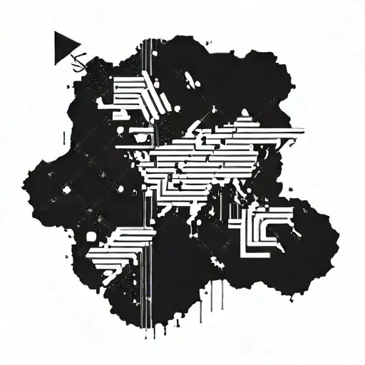 A geometric world map incorporating musical notes and paintbrush strokes tattoo design idea