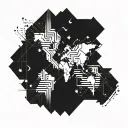 A geometric world map incorporating musical notes and paintbrush strokes tattoo design idea