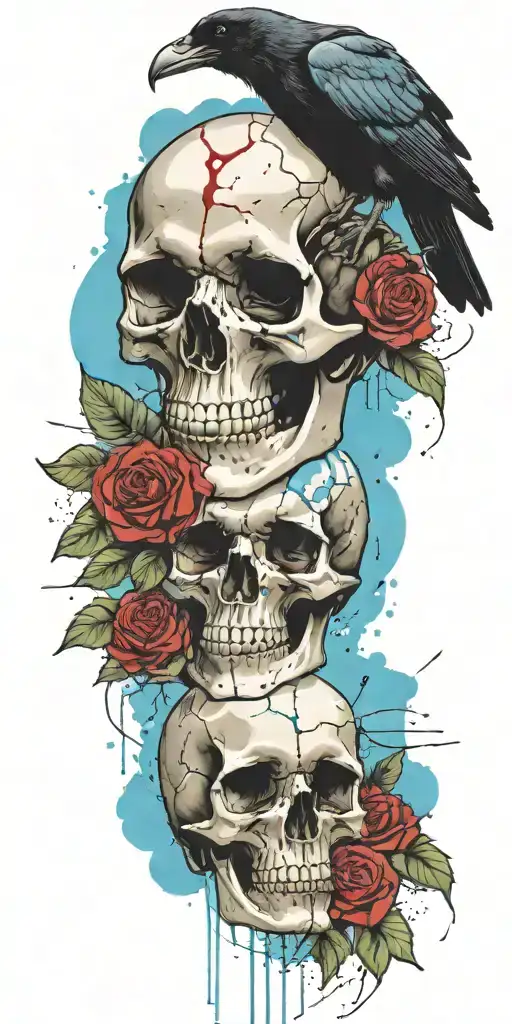 skull and roses with raven perched on top blue sky background  tattoo design idea