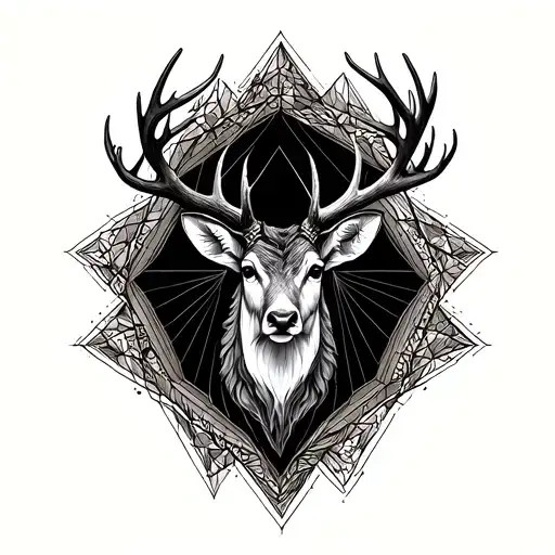 Noble stag combining Patronus spirit and Baratheon strength, semi-realistic blackwork with geometric forms and dotwork tattoo design idea