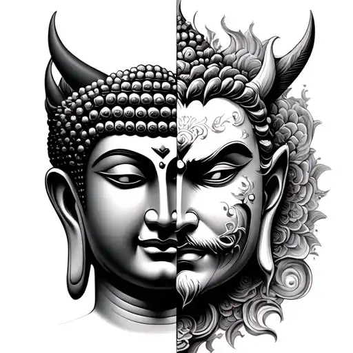 half Buddha face and half demon face tattoo design idea