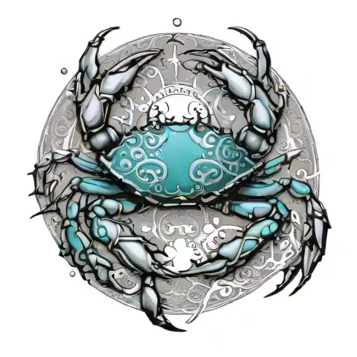 There is a cool image of a crab in the middle, carrying the moon. Tell me about the cool pattern. Holds a turquoise pict tattoo design idea