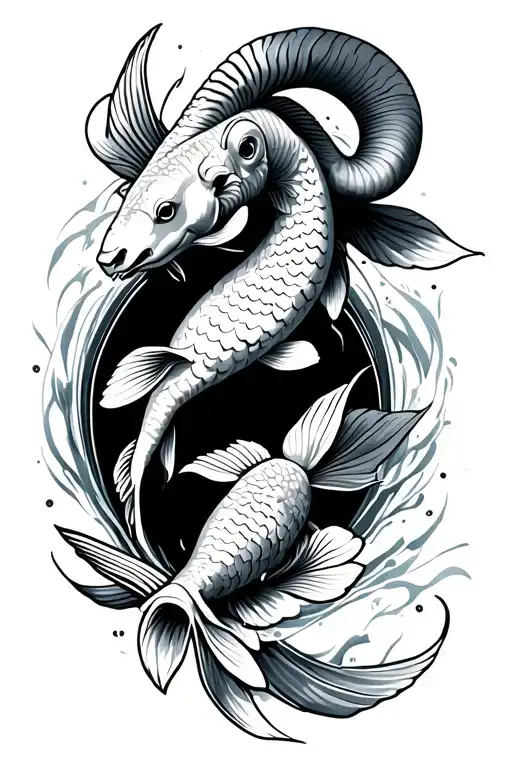 ram and koi fish swimming tattoo design idea