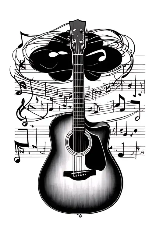 acoustic guitar with music notes tattoo design idea