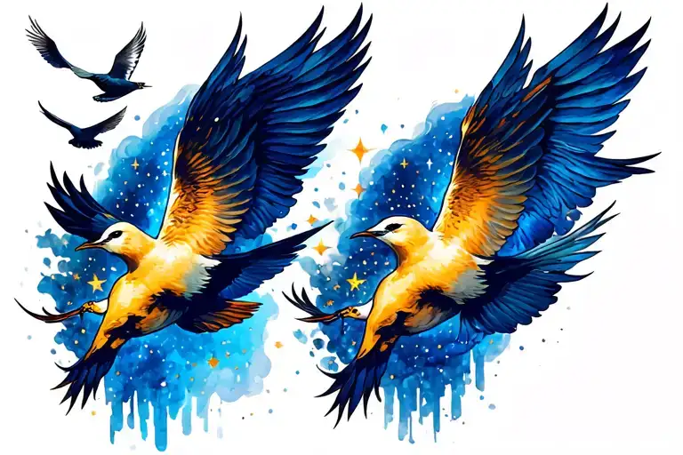 Design me a picture of a tattoo with the shoulder being a blue night sky with stars and birds flying that then tradition tattoo design idea
