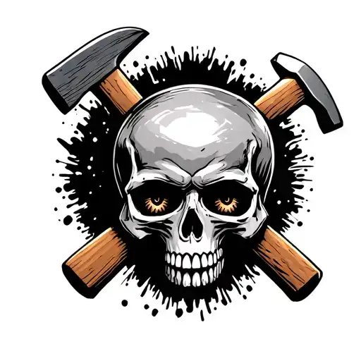american tradtional black and gray tattoo of a skull with sledgehammers coming out the eye sockets tattoo design idea