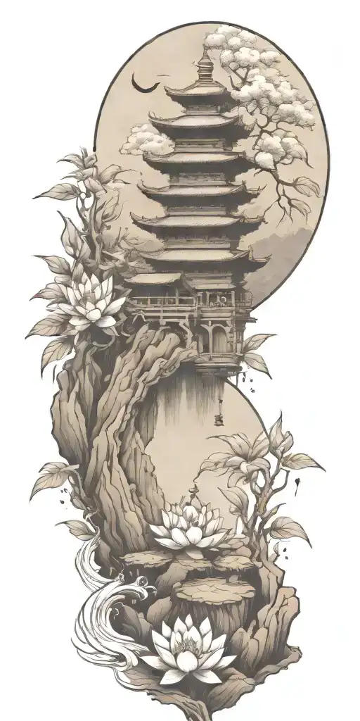 buddhist inpired tattoo with scenary of nature, bamboo, water, and with lotus, koi fish, small budda and spiritual stuff tattoo design idea