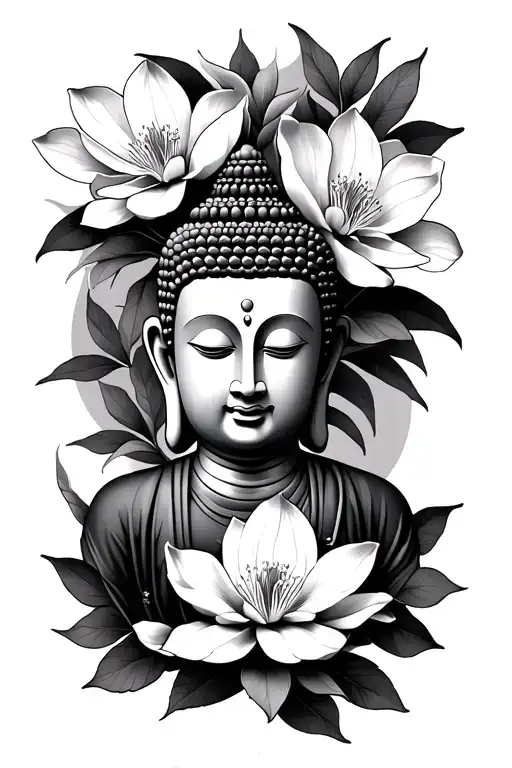 Buddha and magnolias tattoo design idea