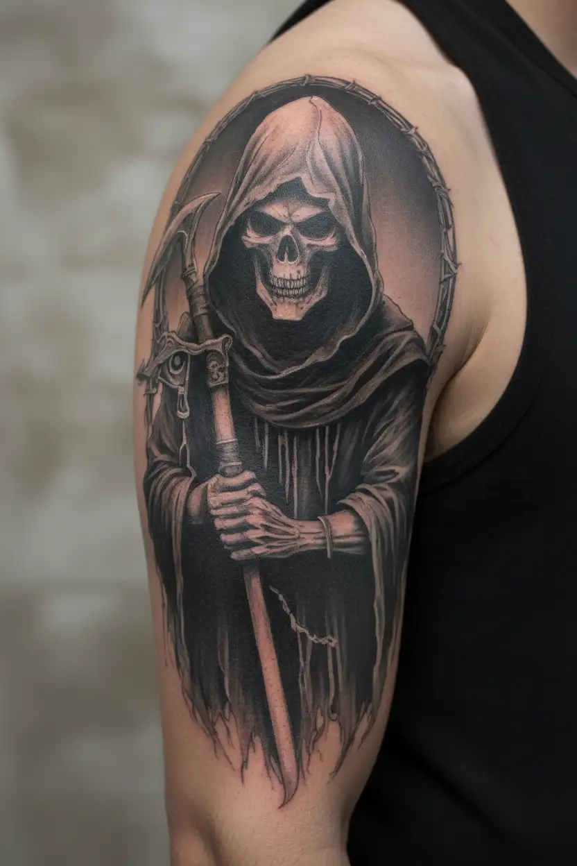 hooded Reaper, darkness,, scary, holding a scythe tattoo design idea