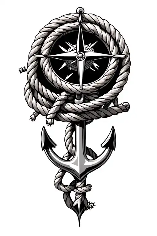 nautical, rope, anchor, compass surrounded tattoo design idea