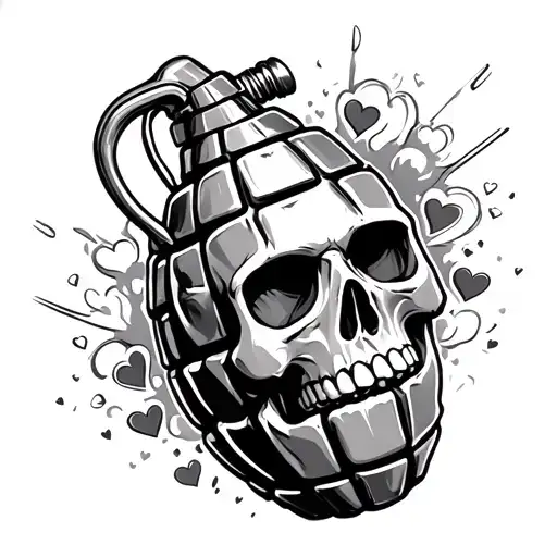 exploding grenade skull with hearts tattoo design idea