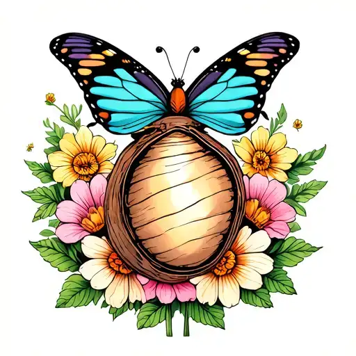 a butterfly emerging from a cocoon with a surrounded by flowers  tattoo design idea