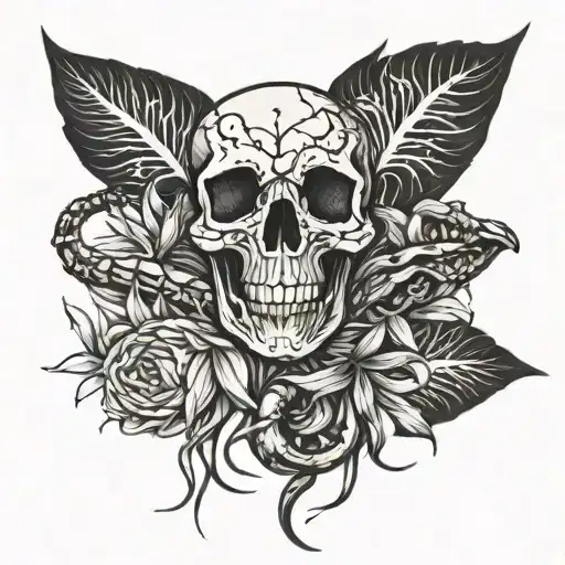 A  tattoo of skeleton hands holding a snake with spider lilies in the background tattoo design idea