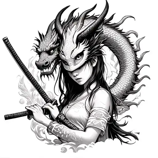 A girl with oni mask and katana surrounded by a japanese dragon tattoo design idea