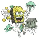 spongebob Spongebob chasing four jellyfish and catching one in the net and behind him the pineapple Squidward's house tattoo design idea