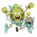 spongebob Spongebob chasing four jellyfish and catching one in the net and behind him the pineapple Squidward's house tattoo design idea