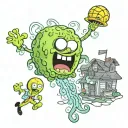 spongebob Spongebob chasing four jellyfish and catching one in the net and behind him the pineapple Squidward's house tattoo design idea