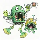 spongebob Spongebob chasing four jellyfish and catching one in the net and behind him the pineapple Squidward's house tattoo design idea