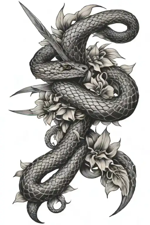 snake wrapped around sword flowers on side tattoo design idea
