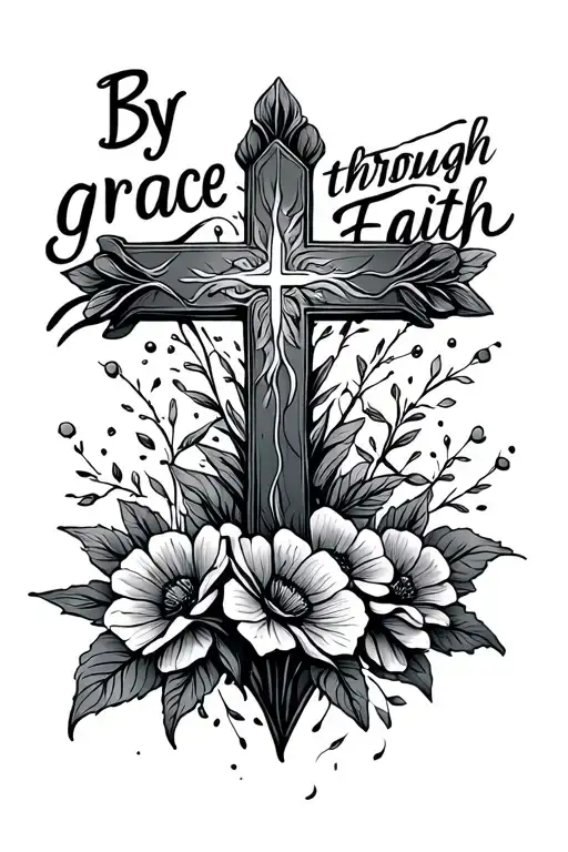 "By grace through faith " fine line tattoo design with cross and flowers growing tattoo design idea
