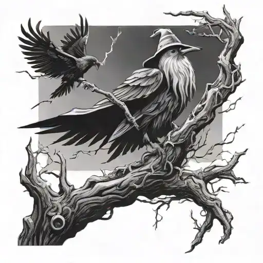 wizard with raven and lightning old tree branches tattoo design idea