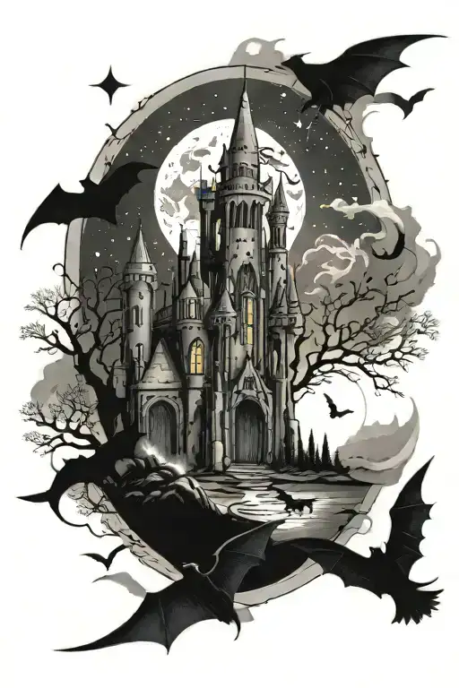 I want a leg sleeve that has the sun and moon but mostly focuses on a night theme with a gothic castle, stars, and bats. tattoo design idea