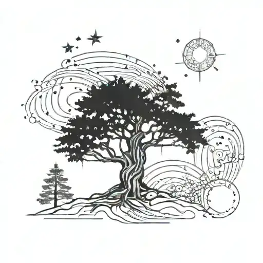 A majestic redwood tree reaching towards the stars with galaxies and constellations intertwined in its branches tattoo design idea