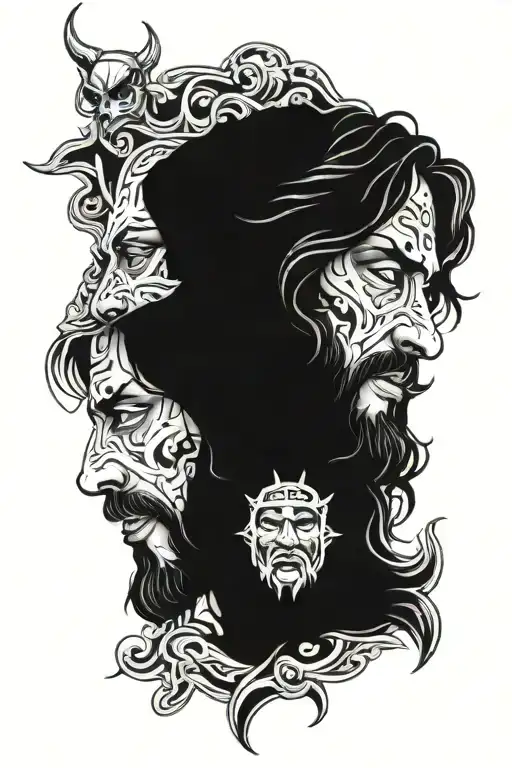half face of jesus and half face of devil tattoo design idea